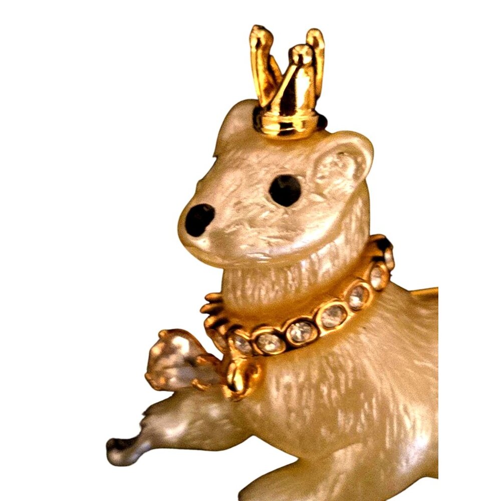 Kenneth Jay Lane Rhinestone Pearlized Queen Ferret Mink Brooch Signed KLJ Gold C - Picture 4 of 7